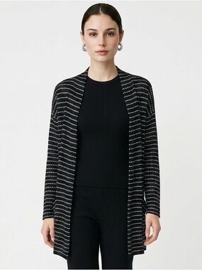 OLIVIA MOON | Black Open Front Cardigan Gray Stripes Women’s Size Medium
